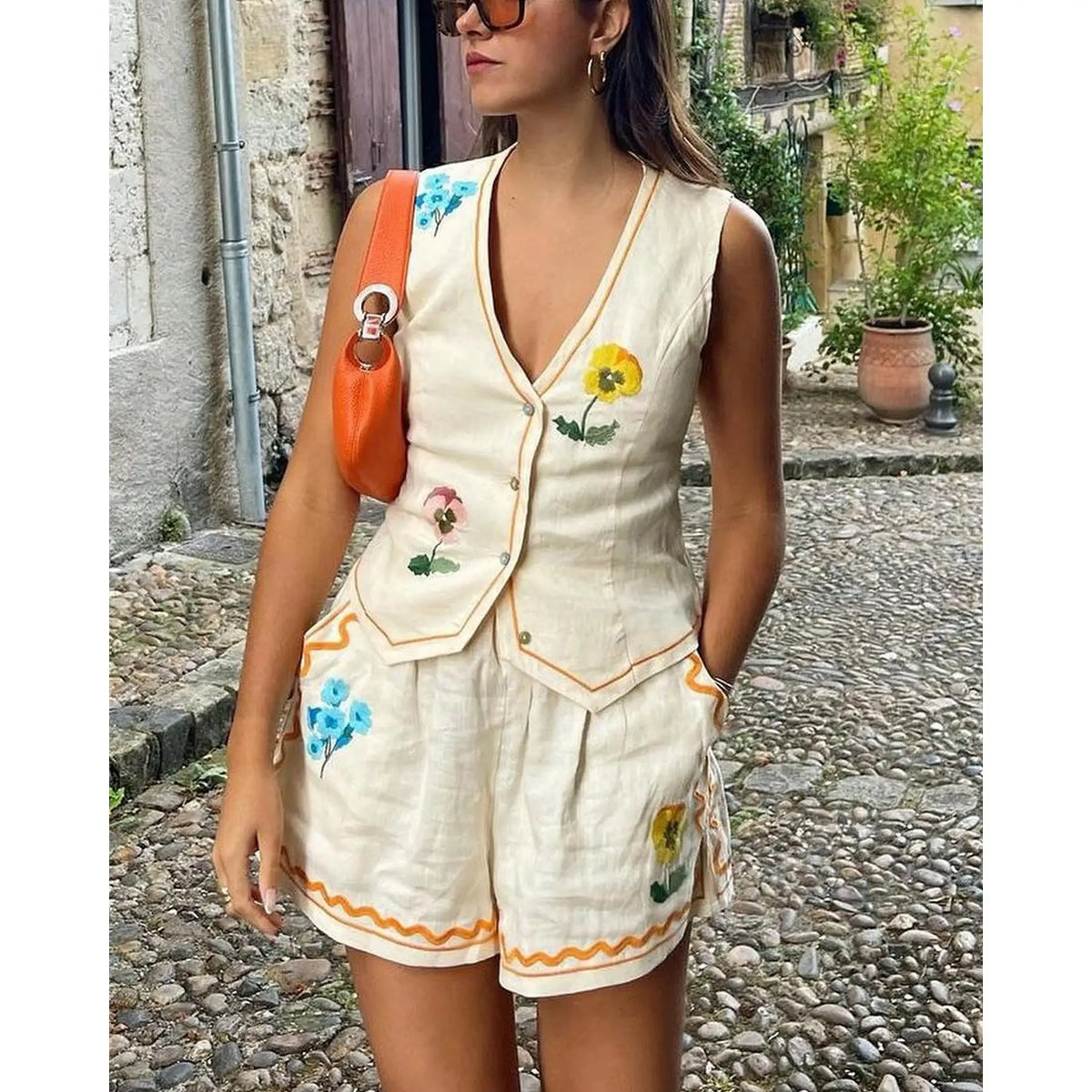 Women Sleeveless Vest Shorts 2 Pieces Set Fashion V Neck Single Breasted Vest - MERGE.DAY.1.FREESTYLE
