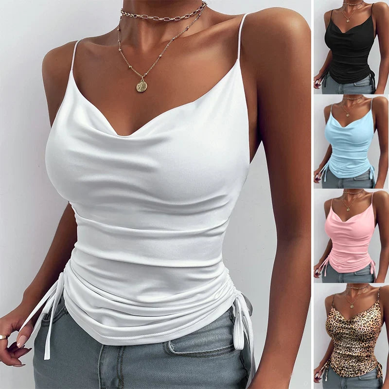 Tank Top V Neck Camisole Cami Drawstring Spaghetti Strap Top - MERGE.DAY.1.FREESTYLE