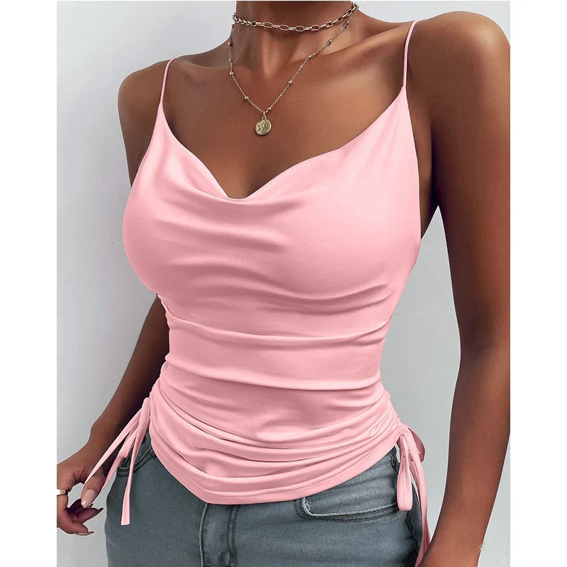 Tank Top V Neck Camisole Cami Drawstring Spaghetti Strap Top - MERGE.DAY.1.FREESTYLE