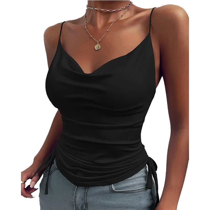 Tank Top V Neck Camisole Cami Drawstring Spaghetti Strap Top - MERGE.DAY.1.FREESTYLE
