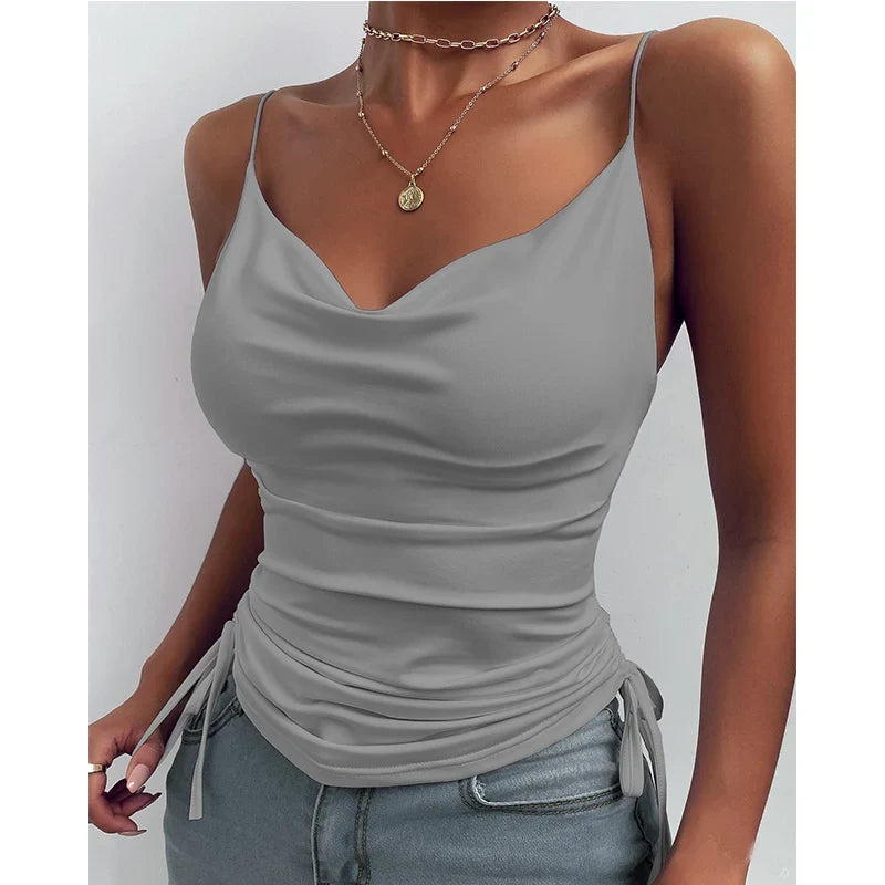 Tank Top V Neck Camisole Cami Drawstring Spaghetti Strap Top - MERGE.DAY.1.FREESTYLE