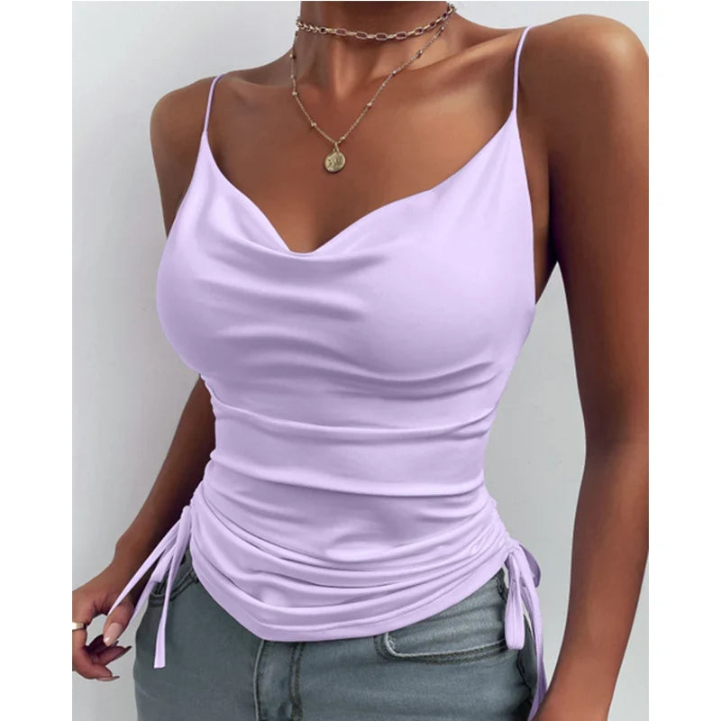 Tank Top V Neck Camisole Cami Drawstring Spaghetti Strap Top - MERGE.DAY.1.FREESTYLE