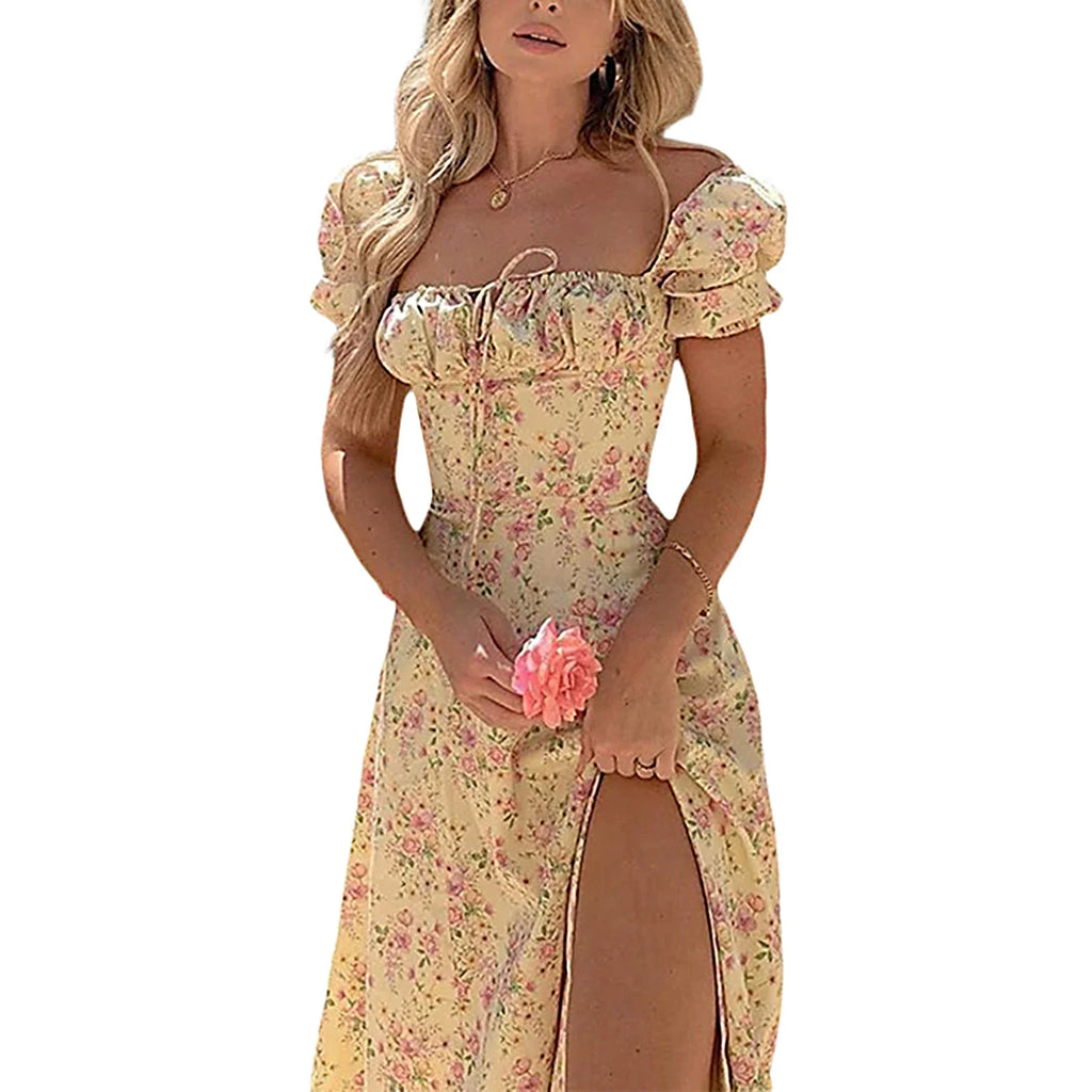 Puff Short Sleeves Lace Up Chest Floral Printed High Splitting Long Skirt - MERGE.DAY.1.FREESTYLE