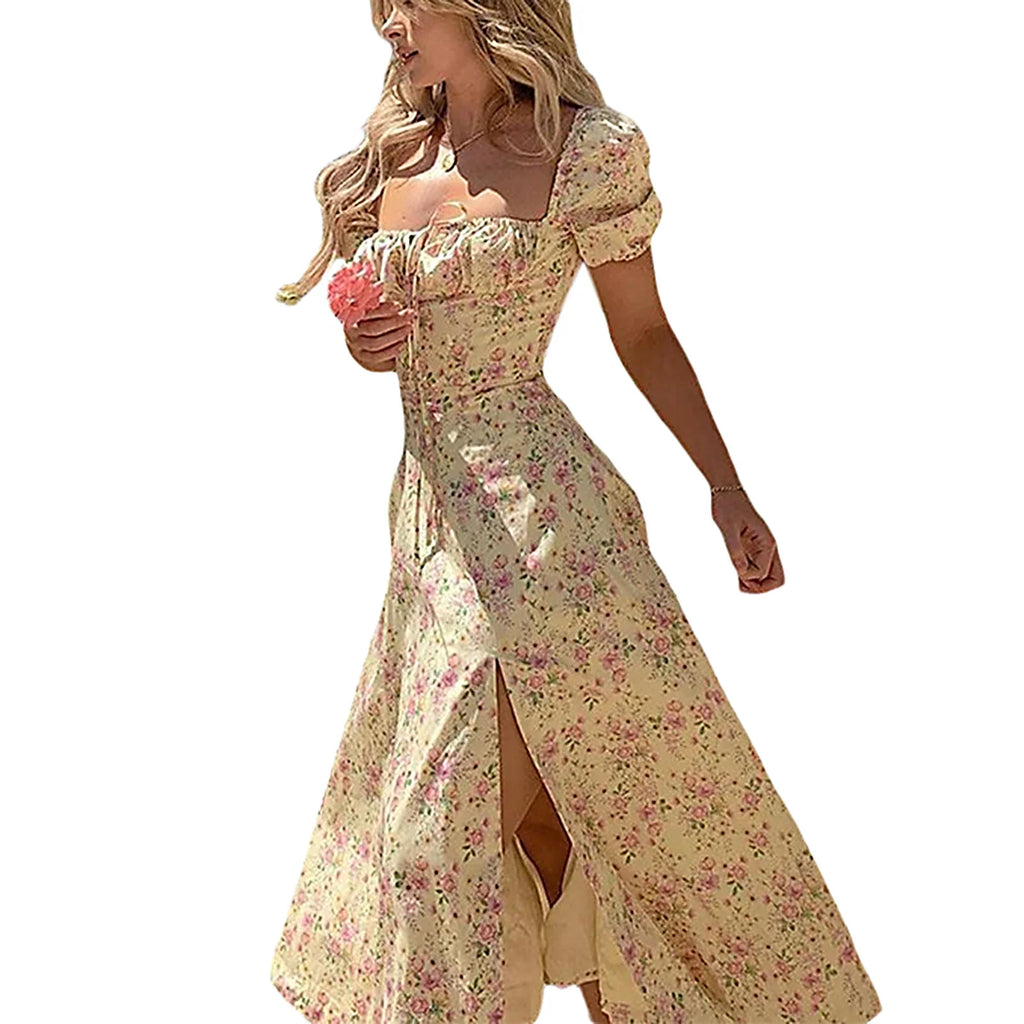 Puff Short Sleeves Lace Up Chest Floral Printed High Splitting Long Skirt - MERGE.DAY.1.FREESTYLE