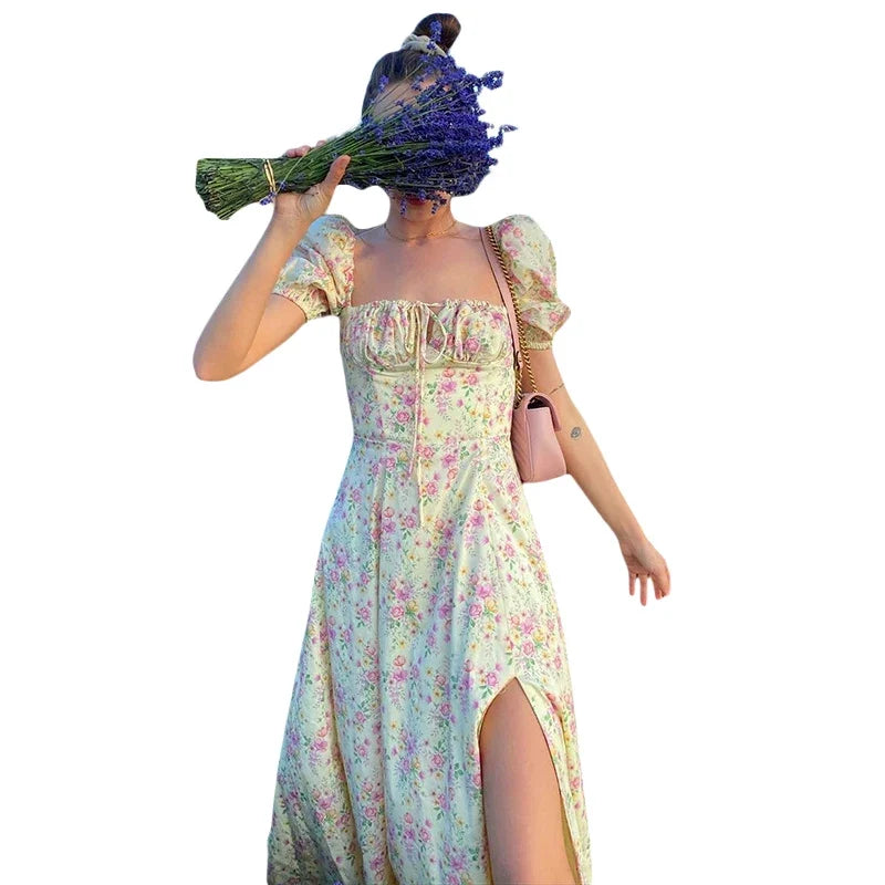 Puff Short Sleeves Lace Up Chest Floral Printed High Splitting Long Skirt - MERGE.DAY.1.FREESTYLE