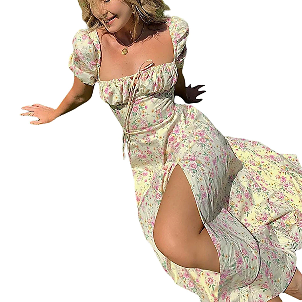 Puff Short Sleeves Lace Up Chest Floral Printed High Splitting Long Skirt - MERGE.DAY.1.FREESTYLE