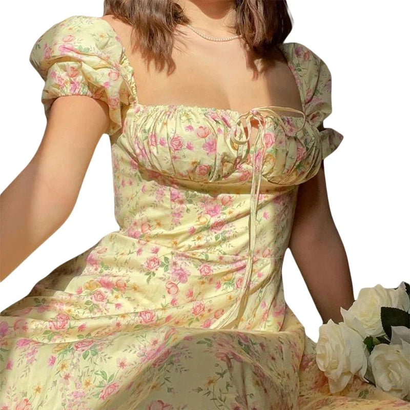 Puff Short Sleeves Lace Up Chest Floral Printed High Splitting Long Skirt - MERGE.DAY.1.FREESTYLE