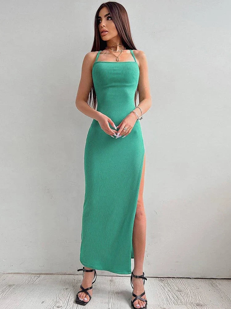 Backless Bandage Slit Dress Knitted Fabric Solid Color Strap Long Dress - MERGE.DAY.1.FREESTYLE