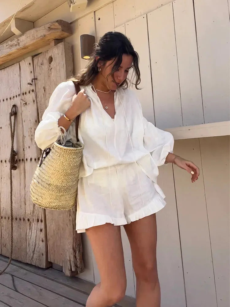 Women's Solid Cotton Linen Ruffle Shorts Suit V-neck Long Sleeve Drawstring Loose 2 Pieces Set - MERGE.DAY.1.FREESTYLE