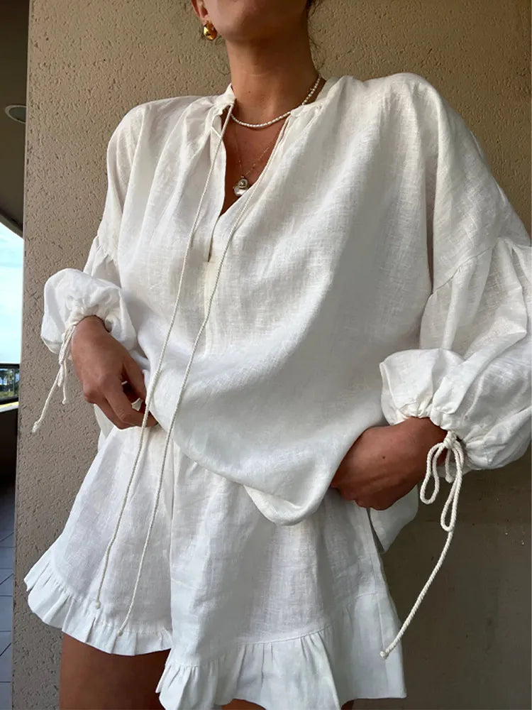 Women's Solid Cotton Linen Ruffle Shorts Suit V-neck Long Sleeve Drawstring Loose 2 Pieces Set - MERGE.DAY.1.FREESTYLE