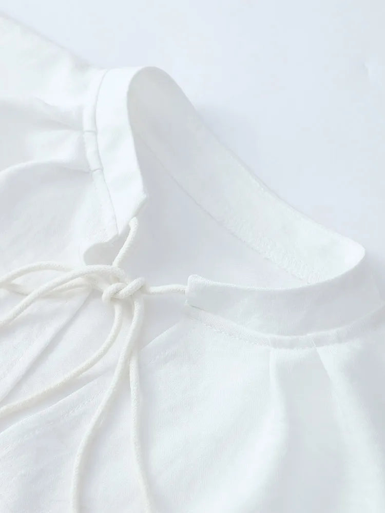 Women's Solid Cotton Linen Ruffle Shorts Suit V-neck Long Sleeve Drawstring Loose 2 Pieces Set - MERGE.DAY.1.FREESTYLE