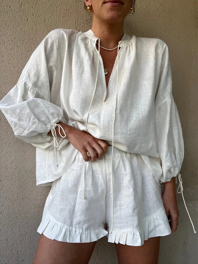 Women's Solid Cotton Linen Ruffle Shorts Suit V-neck Long Sleeve Drawstring Loose 2 Pieces Set - MERGE.DAY.1.FREESTYLE