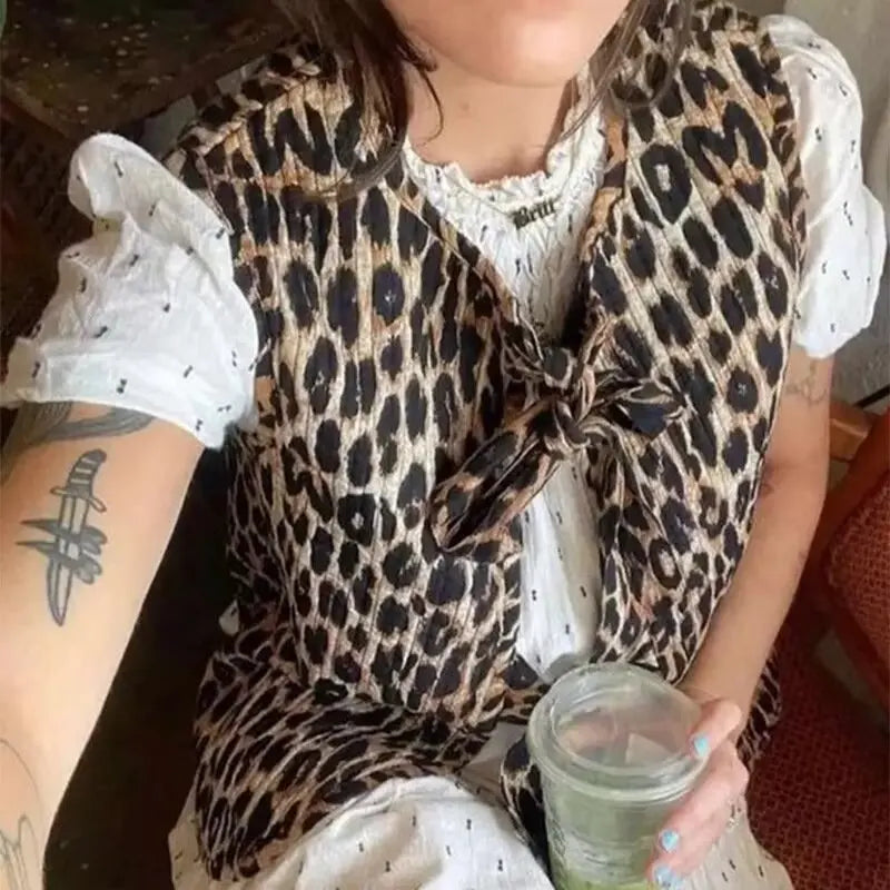 Spring/Summer V-neck Bow Decoration Fashion Leopard Pattern Vest - MERGE.DAY.1.FREESTYLE