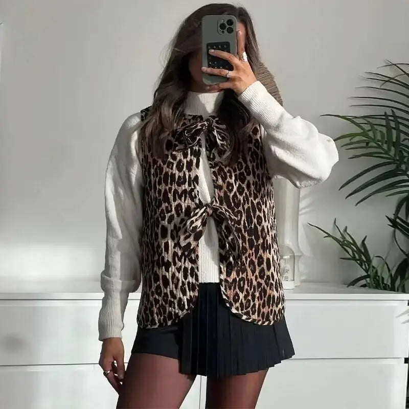 Spring/Summer V-neck Bow Decoration Fashion Leopard Pattern Vest - MERGE.DAY.1.FREESTYLE