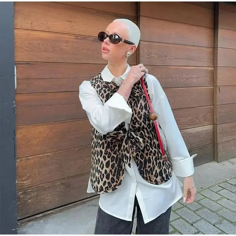 Spring/Summer V-neck Bow Decoration Fashion Leopard Pattern Vest - MERGE.DAY.1.FREESTYLE
