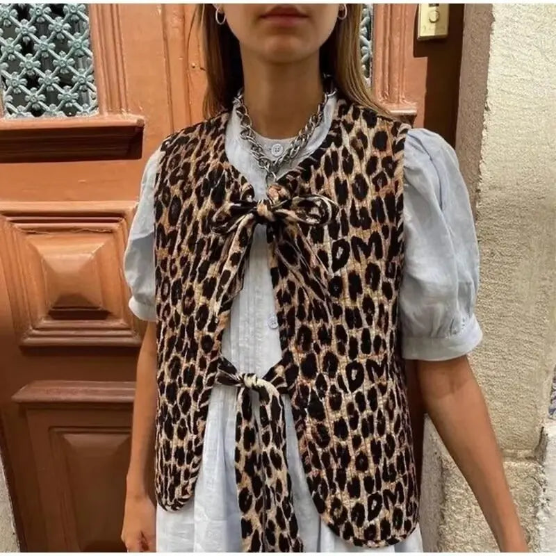 Spring/Summer V-neck Bow Decoration Fashion Leopard Pattern Vest - MERGE.DAY.1.FREESTYLE