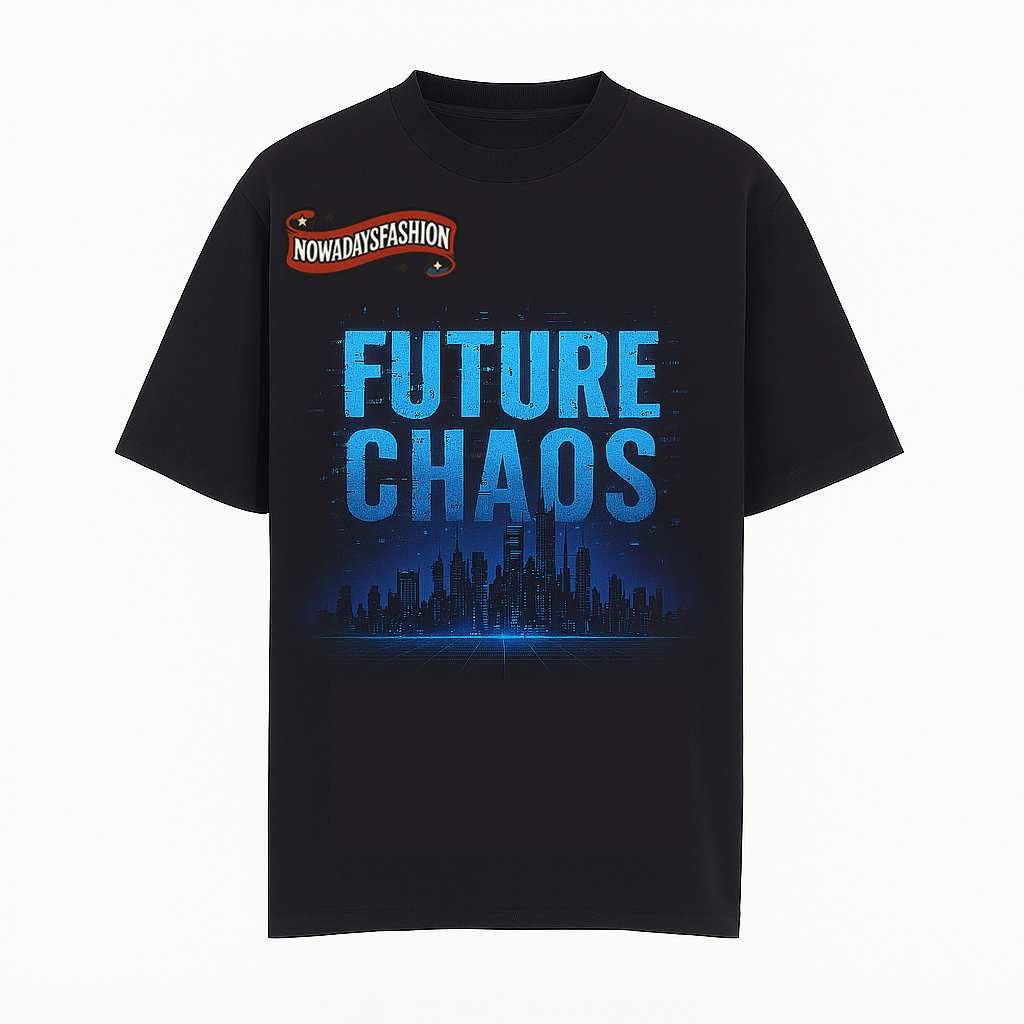 Men's Cyberpunk Graphic T-Shirt – FUTURE CHAOS Neon City Print Black Tee - MERGE.DAY.1.FREESTYLE