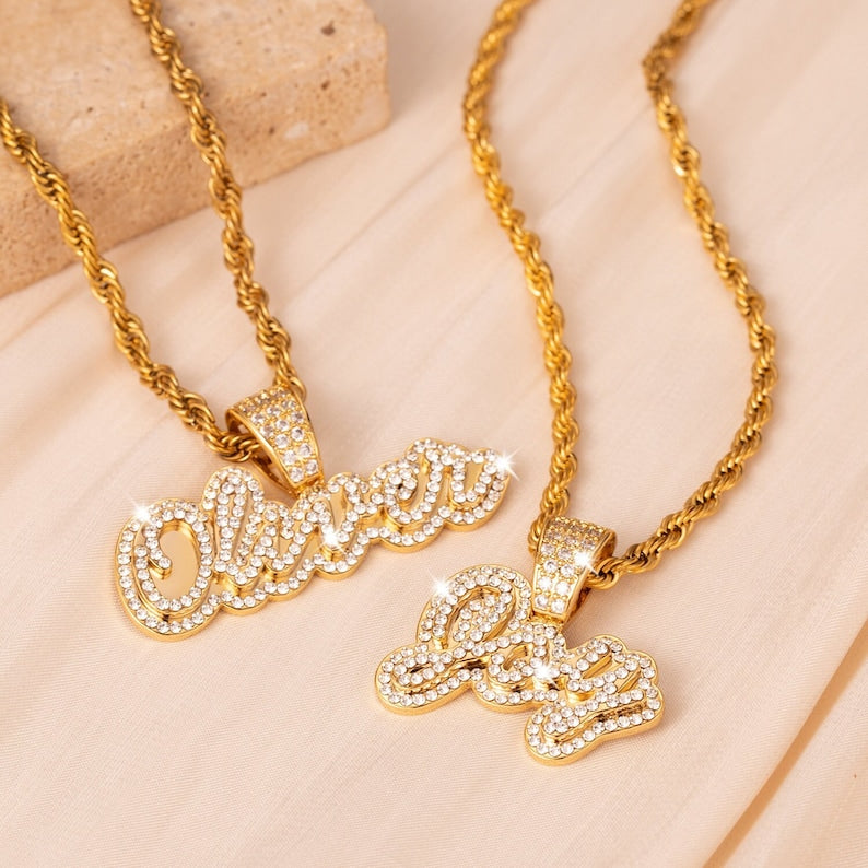 Diamond Name Nameplate Necklace Bling Crystal Personalized Necklace - MERGE.DAY.1.FREESTYLE