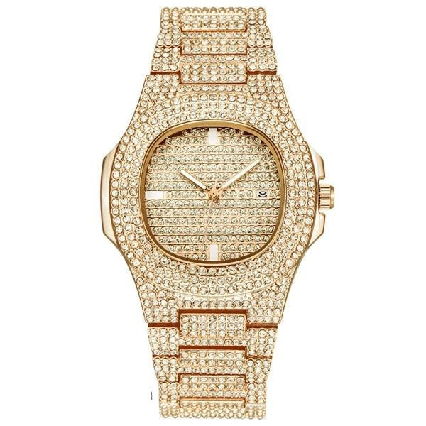 Gold Necklace +Watch+Bracelet Miami Curb Cuban Chain Gold Full Iced Out Paved Rhinestones CZ Bling - MERGE.DAY.1.FREESTYLE