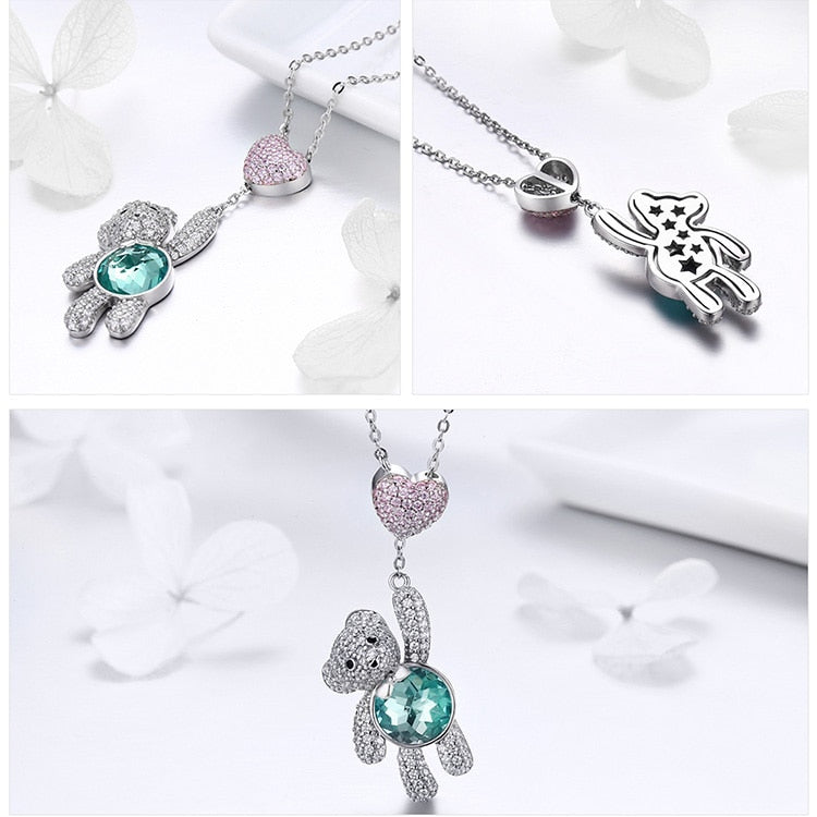 Sterling Silver Pink Heart And Cute Bear Pendant Necklaces for Valentine's birthday gift - MERGE.DAY.1.FREESTYLE