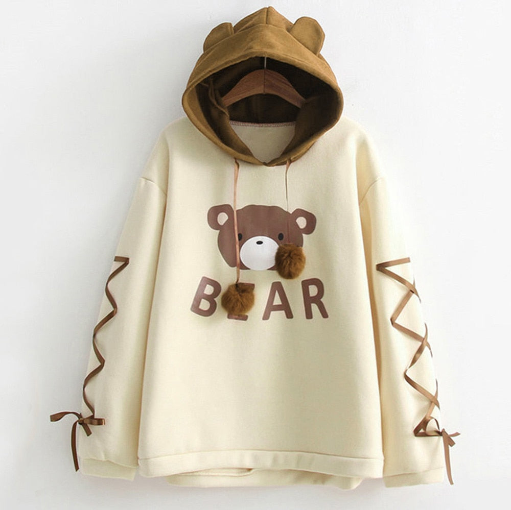 Bear Cap Hoodies Sweatshirt Top Womens Long Sleeve Cute Sweat Hooded Jumper - MERGE.DAY.1.FREESTYLE