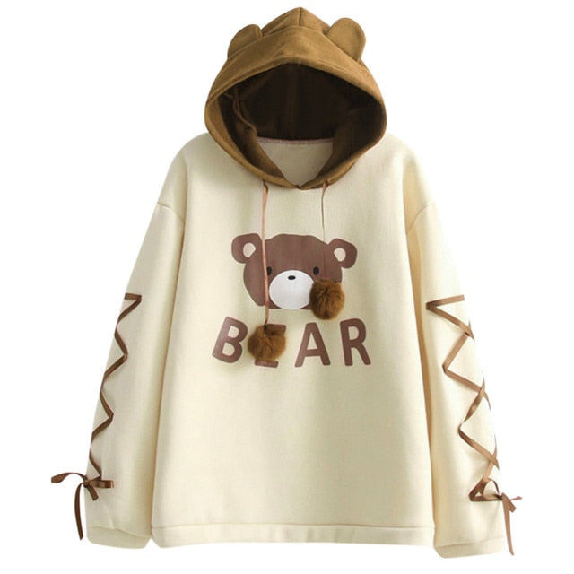 Bear Cap Hoodies Sweatshirt Top Womens Long Sleeve Cute Sweat Hooded Jumper - MERGE.DAY.1.FREESTYLE