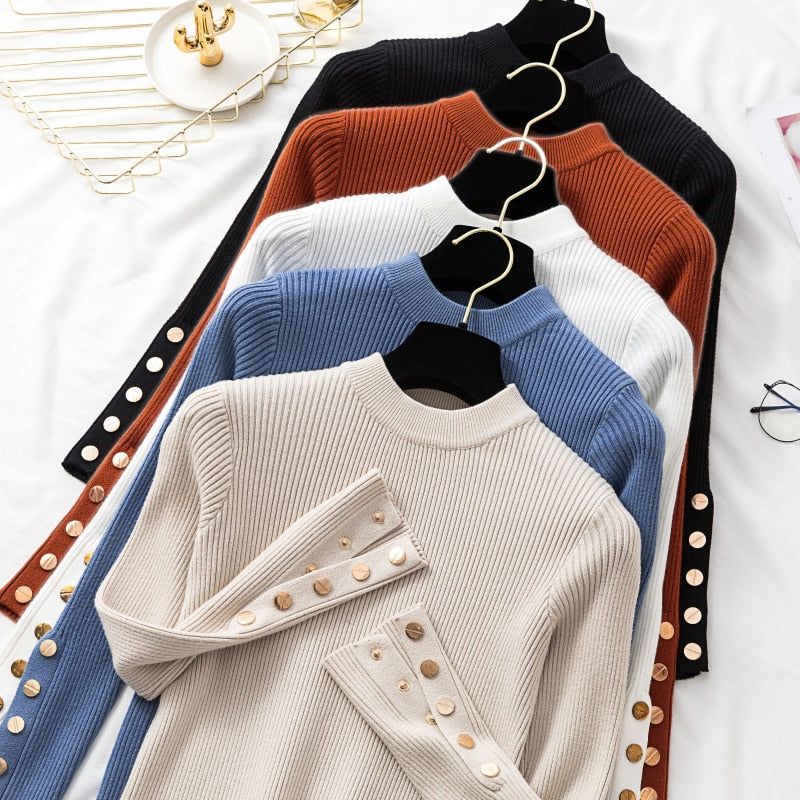casual autumn winter women thick sweater pullovers long sleeve button o-neck - MERGE.DAY.1.FREESTYLE