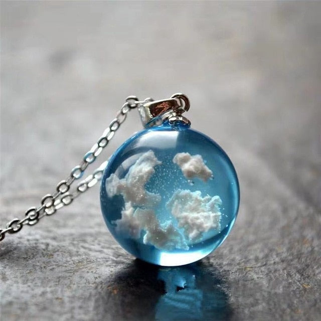 Resin Rould Ball Moon Pendant Necklace Women Blue Sky White Cloud Necklace - MERGE.DAY.1.FREESTYLE