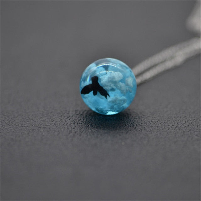 Resin Rould Ball Moon Pendant Necklace Women Blue Sky White Cloud Necklace - MERGE.DAY.1.FREESTYLE