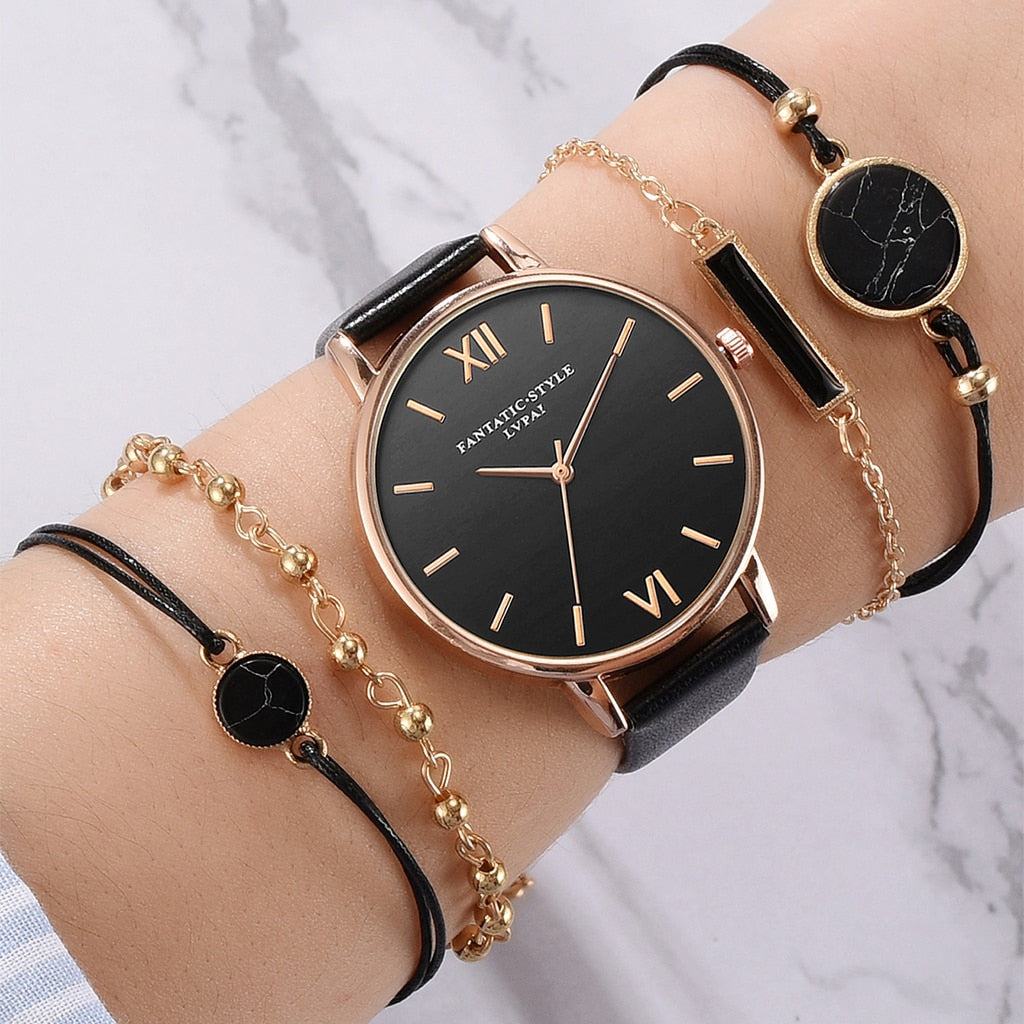 5pcs Set-Top Style Fashion Women's Luxury Leather Band Analog Quartz Wristwatch Ladies Watch - MERGE.DAY.1.FREESTYLE