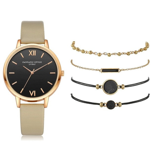 5pcs Set-Top Style Fashion Women's Luxury Leather Band Analog Quartz Wristwatch Ladies Watch - MERGE.DAY.1.FREESTYLE