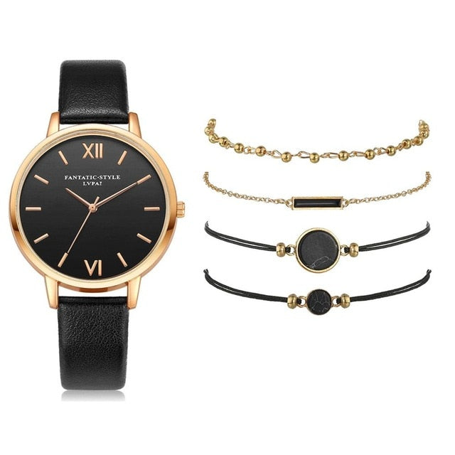 5pcs Set-Top Style Fashion Women's Luxury Leather Band Analog Quartz Wristwatch Ladies Watch - MERGE.DAY.1.FREESTYLE