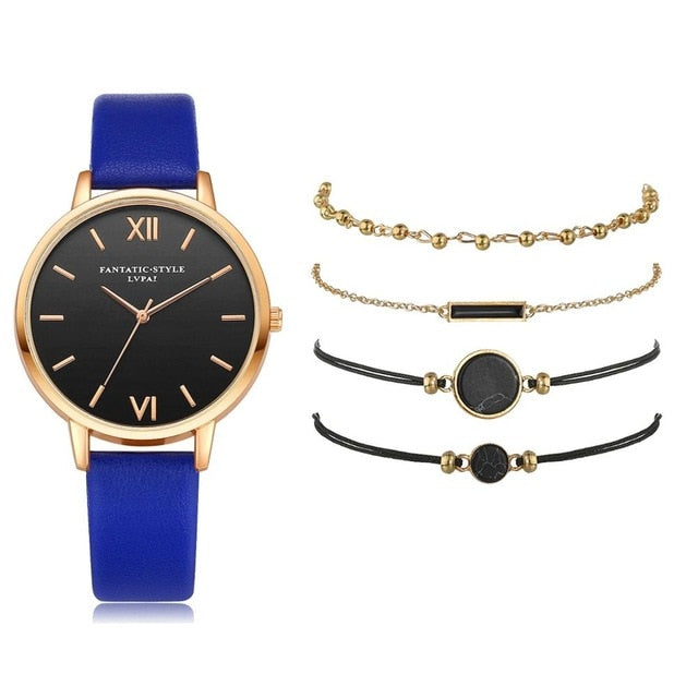 5pcs Set-Top Style Fashion Women's Luxury Leather Band Analog Quartz Wristwatch Ladies Watch - MERGE.DAY.1.FREESTYLE