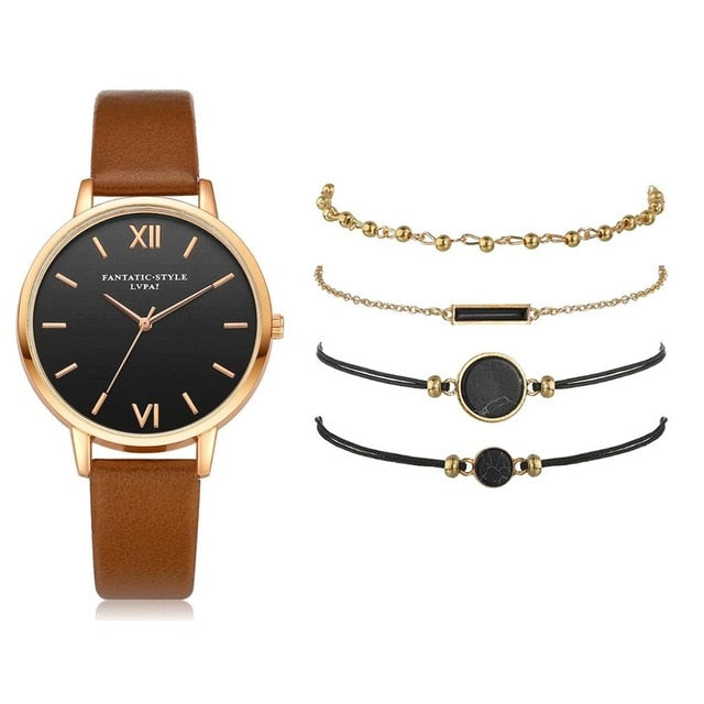 5pcs Set-Top Style Fashion Women's Luxury Leather Band Analog Quartz Wristwatch Ladies Watch - MERGE.DAY.1.FREESTYLE