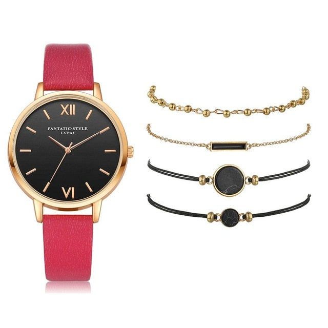 5pcs Set-Top Style Fashion Women's Luxury Leather Band Analog Quartz Wristwatch Ladies Watch - MERGE.DAY.1.FREESTYLE