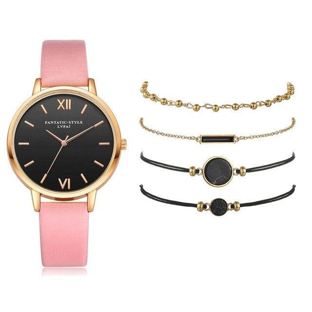 5pcs Set-Top Style Fashion Women's Luxury Leather Band Analog Quartz Wristwatch Ladies Watch - MERGE.DAY.1.FREESTYLE