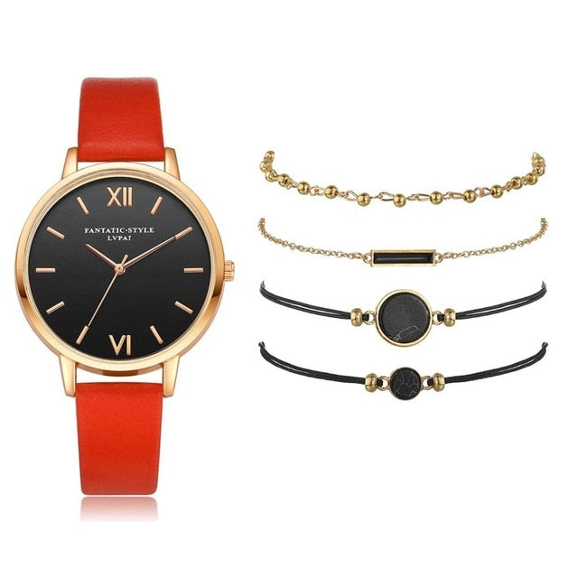 5pcs Set-Top Style Fashion Women's Luxury Leather Band Analog Quartz Wristwatch Ladies Watch - MERGE.DAY.1.FREESTYLE