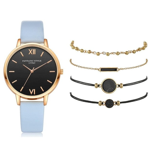 5pcs Set-Top Style Fashion Women's Luxury Leather Band Analog Quartz Wristwatch Ladies Watch - MERGE.DAY.1.FREESTYLE