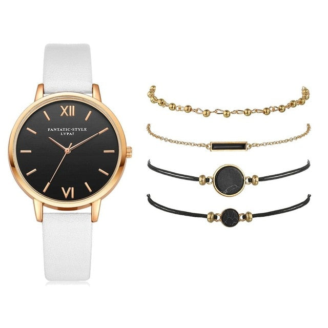 5pcs Set-Top Style Fashion Women's Luxury Leather Band Analog Quartz Wristwatch Ladies Watch - MERGE.DAY.1.FREESTYLE