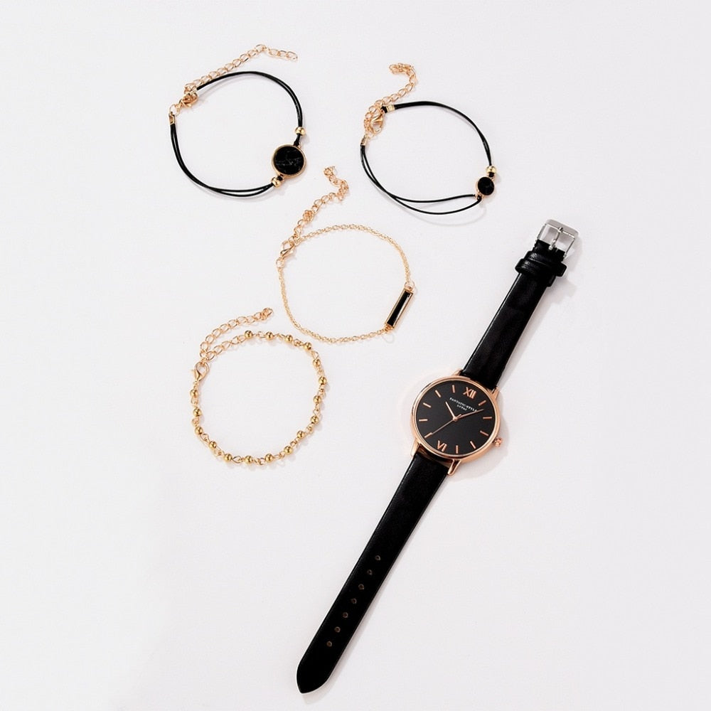 5pcs Set-Top Style Fashion Women's Luxury Leather Band Analog Quartz Wristwatch Ladies Watch - MERGE.DAY.1.FREESTYLE