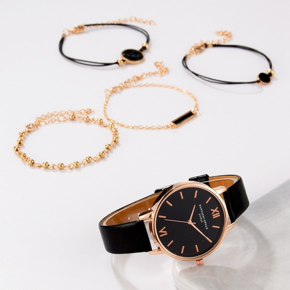 5pcs Set-Top Style Fashion Women's Luxury Leather Band Analog Quartz Wristwatch Ladies Watch - MERGE.DAY.1.FREESTYLE
