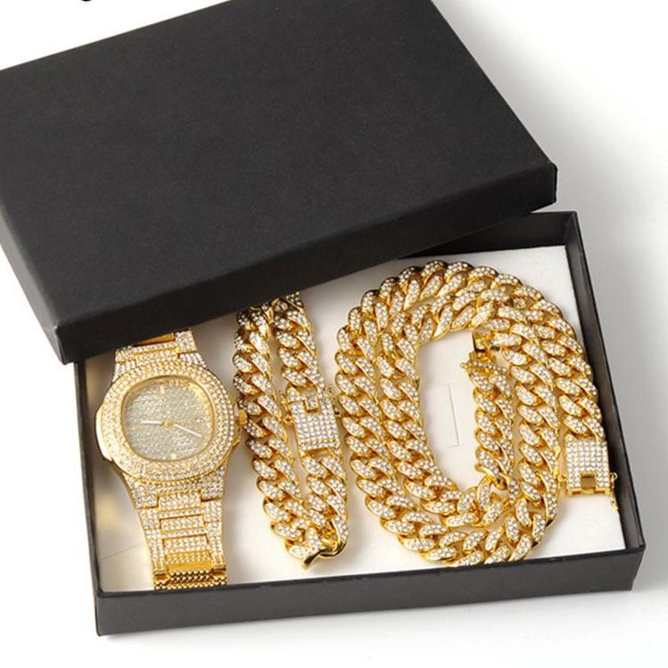Gold Necklace +Watch+Bracelet Miami Curb Cuban Chain Gold Full Iced Out Paved Rhinestones CZ Bling - MERGE.DAY.1.FREESTYLE