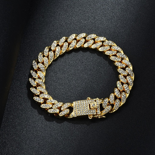 Gold Necklace +Watch+Bracelet Miami Curb Cuban Chain Gold Full Iced Out Paved Rhinestones CZ Bling - MERGE.DAY.1.FREESTYLE