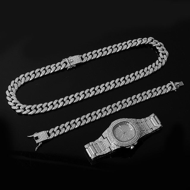 Gold Necklace +Watch+Bracelet Miami Curb Cuban Chain Gold Full Iced Out Paved Rhinestones CZ Bling - MERGE.DAY.1.FREESTYLE