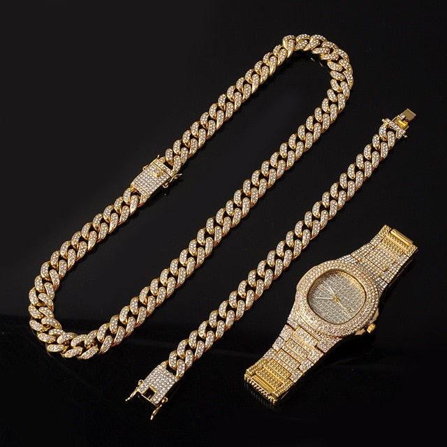 Gold Necklace +Watch+Bracelet Miami Curb Cuban Chain Gold Full Iced Out Paved Rhinestones CZ Bling - MERGE.DAY.1.FREESTYLE