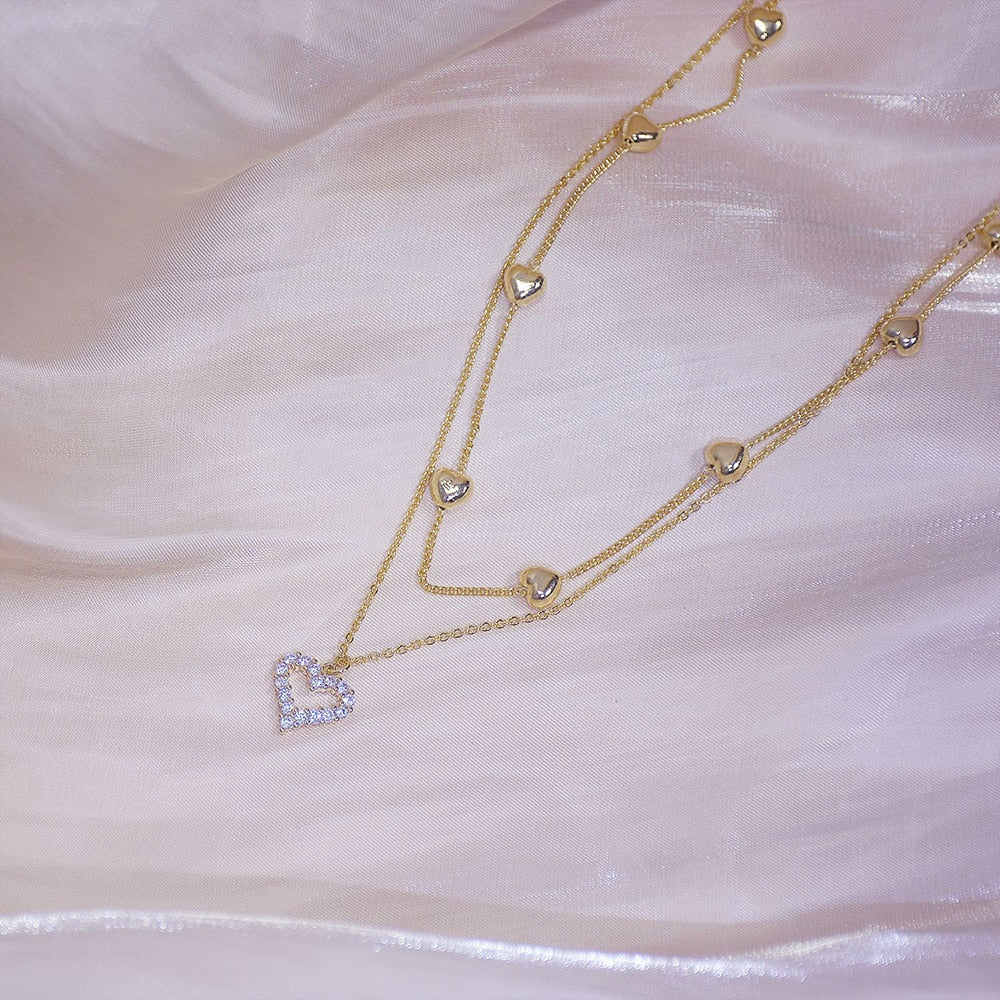 Gold Double layer Heart Necklace Shining Bling AAA Zircon Women Clavicle Chain Elegant Charm - MERGE.DAY.1.FREESTYLE