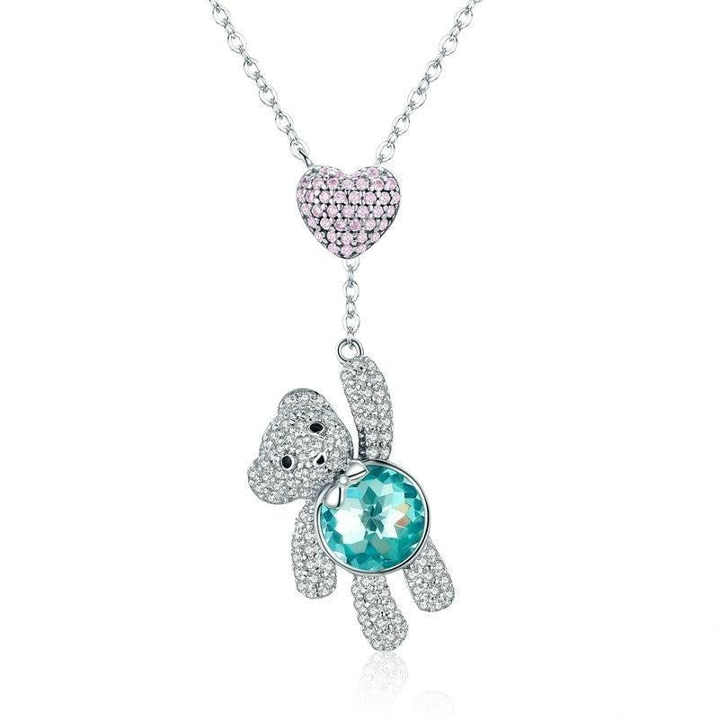 Sterling Silver Pink Heart And Cute Bear Pendant Necklaces for Valentine's birthday gift - MERGE.DAY.1.FREESTYLE