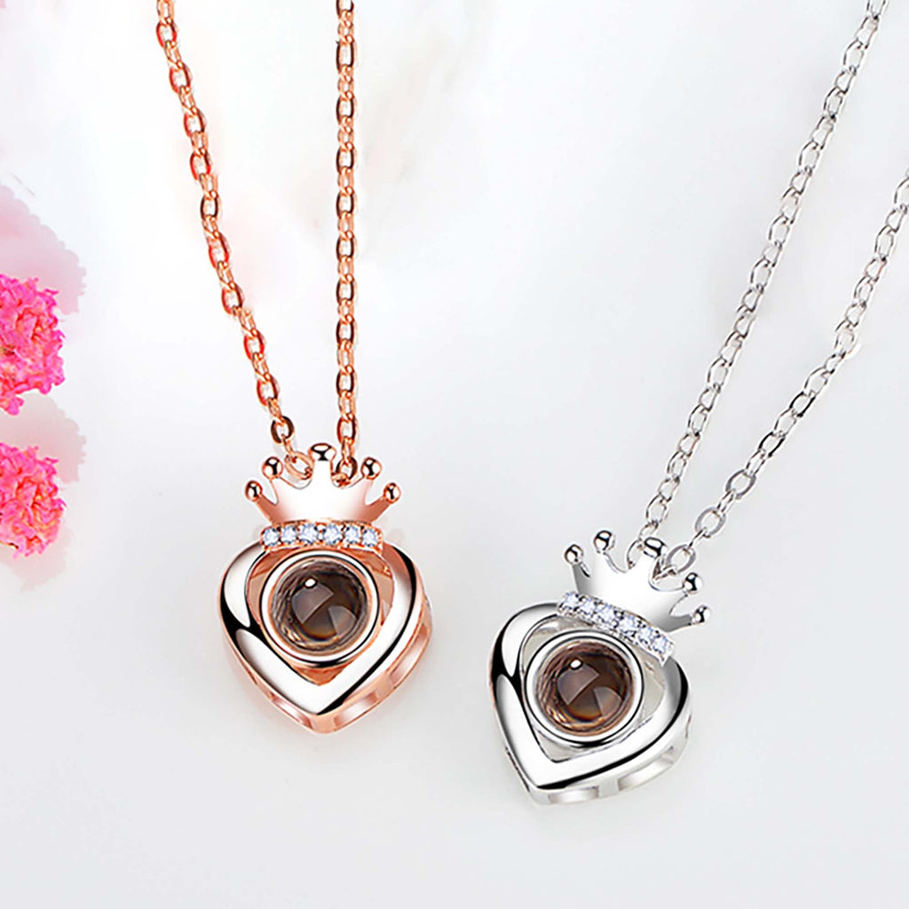 Rose Gold Silver Color 100 Languages I Love You Projection Heart Crown name Pendant Necklace Romantic Memory - MERGE.DAY.1.FREESTYLE