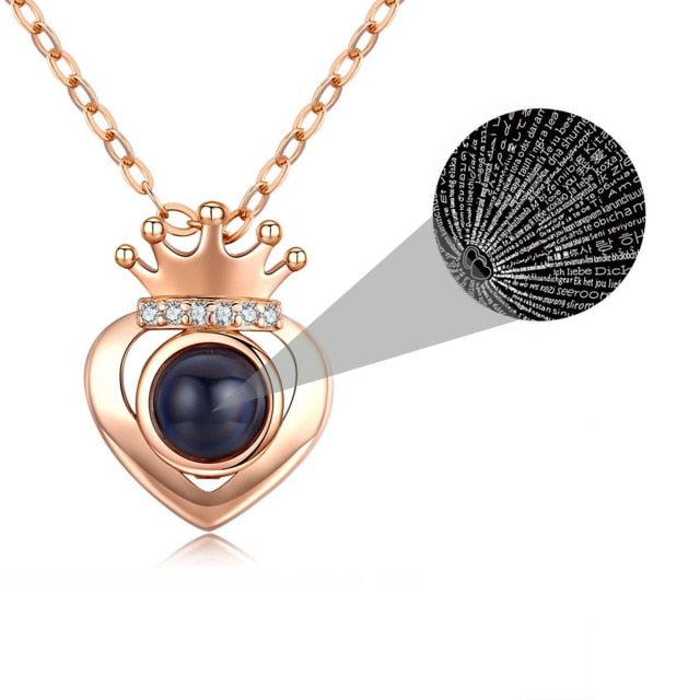 Rose Gold Silver Color 100 Languages I Love You Projection Heart Crown name Pendant Necklace Romantic Memory - MERGE.DAY.1.FREESTYLE