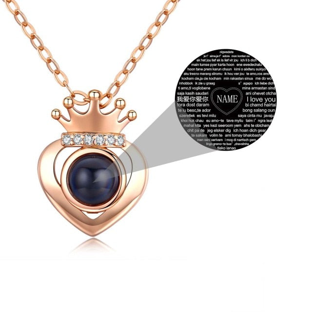 Rose Gold Silver Color 100 Languages I Love You Projection Heart Crown name Pendant Necklace Romantic Memory - MERGE.DAY.1.FREESTYLE